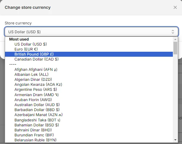 Currency selection menu in Shopify – choose from USD, EUR, GBP, CAD and more
